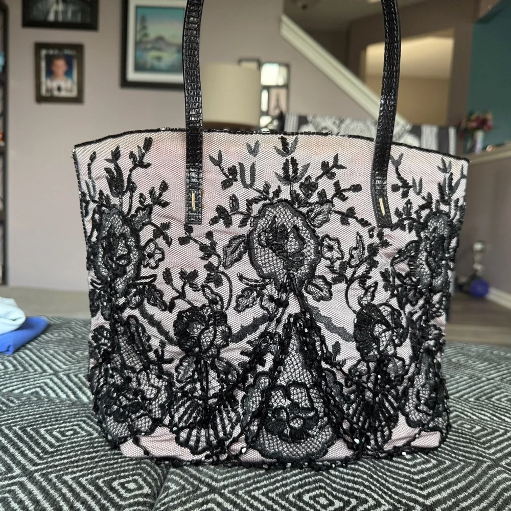 Authentic vintage Valentino Garavani Beaded Black Lace Overlay Tote - Picture 1 of 13
